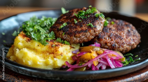 Traditional Russian Kotleti, pan-fried meat patties with mashed potatoes and pickled vegetables, vibrant colors, cultural cuisine photo