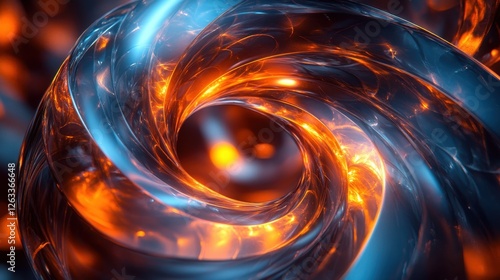 Abstract transparent glass Mabius twist with glowing sapphire and warm rose gold lines on a surreal fractal-like background, 3D rendering illustration of futuristic abstract shape 