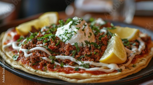 Traditional Turkish Lahmacun, crispy flatbread, vibrant colors, cultural cuisine photo