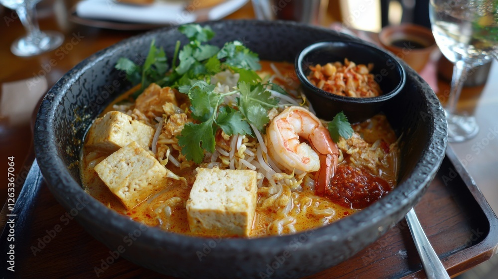 Delicious Laksa from Malaysia, spicy coconut curry broth with rice noodles, shrimp, tofu, and cilantro, vibrant colors, cultural cuisine Delicious Laksa from Malaysia, spicy coconut curry broth with rice noodles, shrimp, tofu, and cilantro, vibrant colors, cultural cuisine