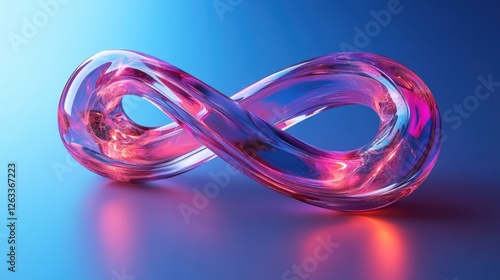 Abstract transparent glass infinity loop with soft lilac and glowing sapphire lines on a radiant sky blue background, 3D rendering illustration of futuristic abstract shape with holographic element.