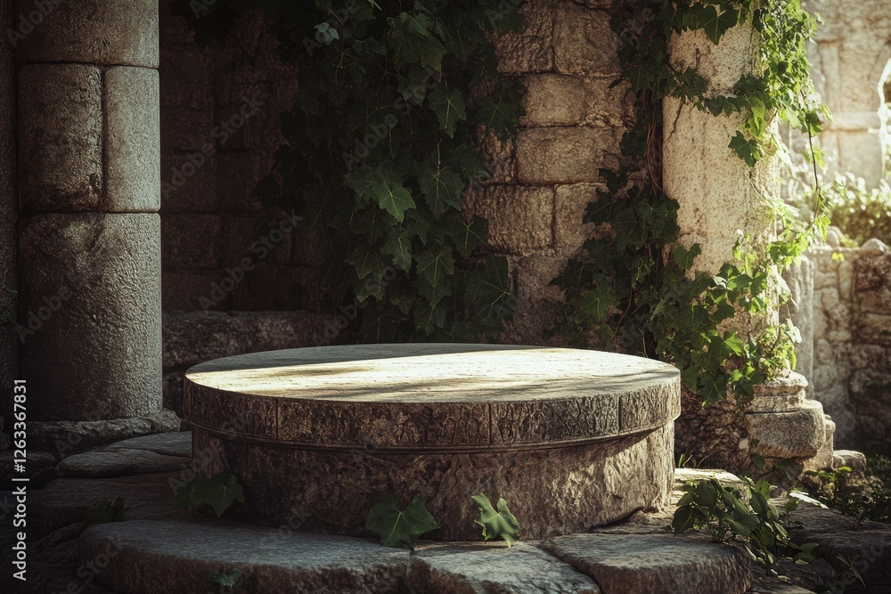 Ancient Stone Well Surrounded by Overgrown Greenery in Historical Ruins with Soft Sunlight Ancient Stone Well Surrounded by Overgrown Greenery in Historical Ruins with Soft Sunlight