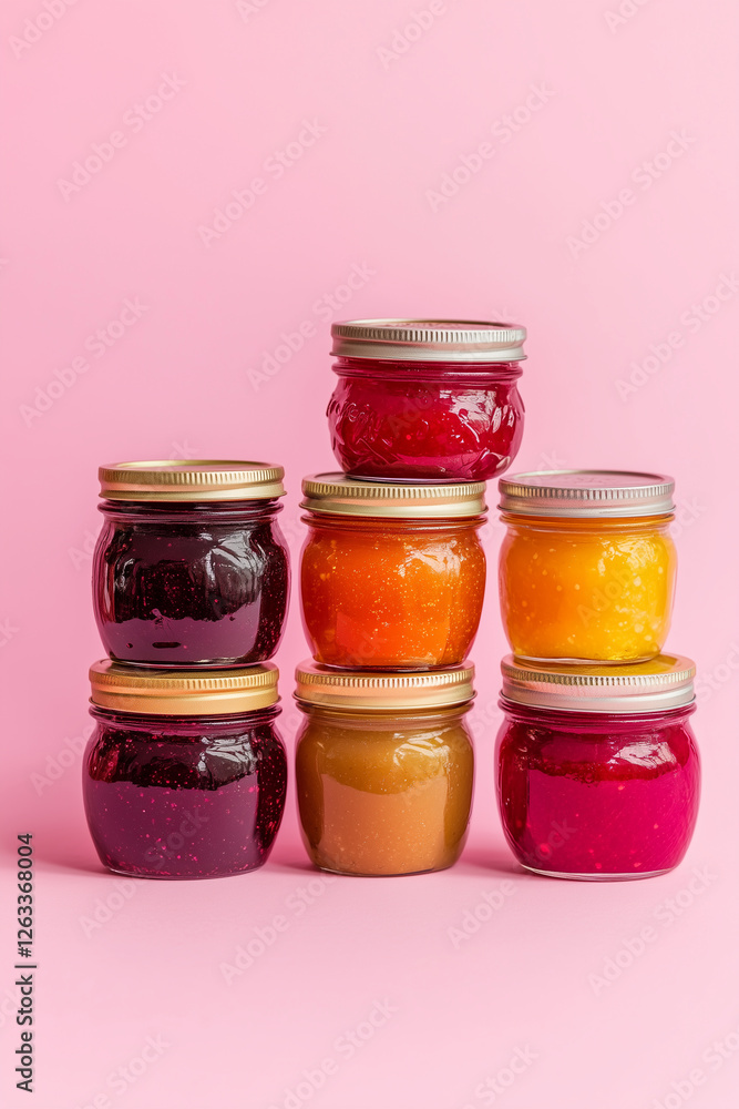 Row of jars filled with various fruits and vegetables Row of jars filled with various fruits and vegetables