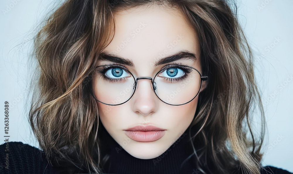 Fototapeta premium Close-up portrait of a young woman with striking blue eyes wearing stylish glasses and showcasing natural beauty against a soft neutral background