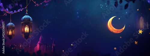 Islamic background with lantern and night stars crescent moon place for text, ramadan banner orientation