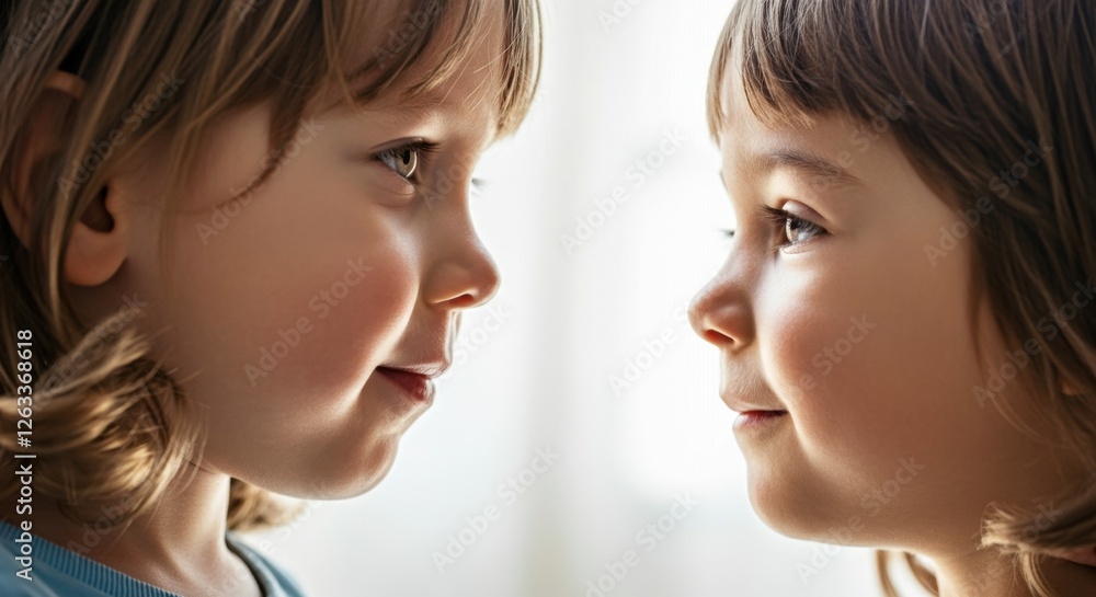 Profile of caucasian young girls facing each other with gentle expressions Profile of caucasian young girls facing each other with gentle expressions