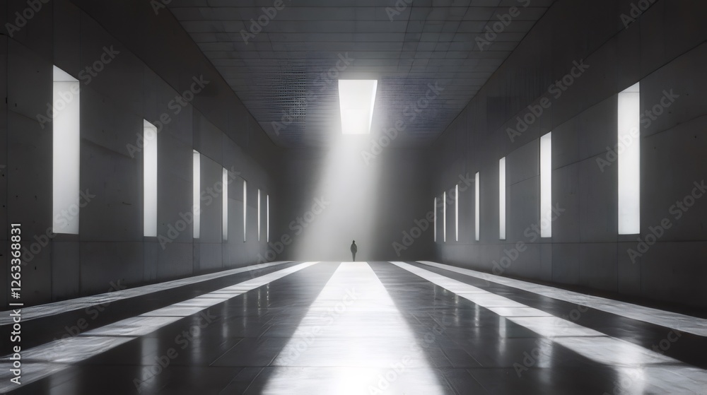 Person standing in a long, light-filled concrete corridor. Person standing in a long, light-filled concrete corridor.