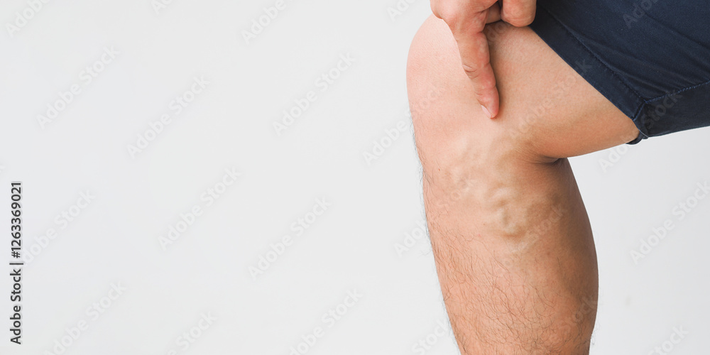 Man leg with varicose veins on white background. Man leg with varicose veins on white background.