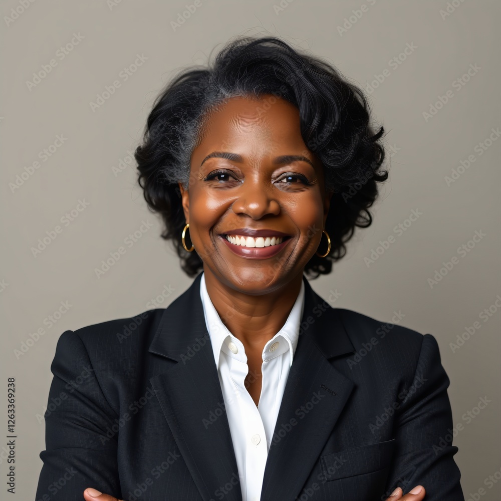 Mature African American woman in professional attire, smiling at the camera against a neutral background. Mature African American woman in professional attire, smiling at the camera against a neutral background.