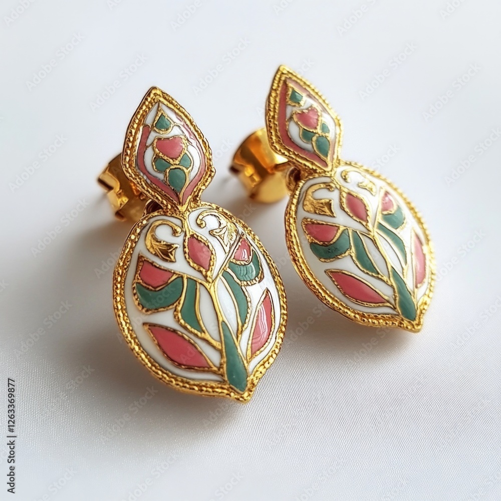 Intricate enamel gold earrings with leaf motif design on white background Intricate enamel gold earrings with leaf motif design on white background