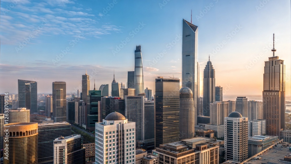Obraz premium Stunning Sunrise Skyline Modern Chinese Cityscape Architecture