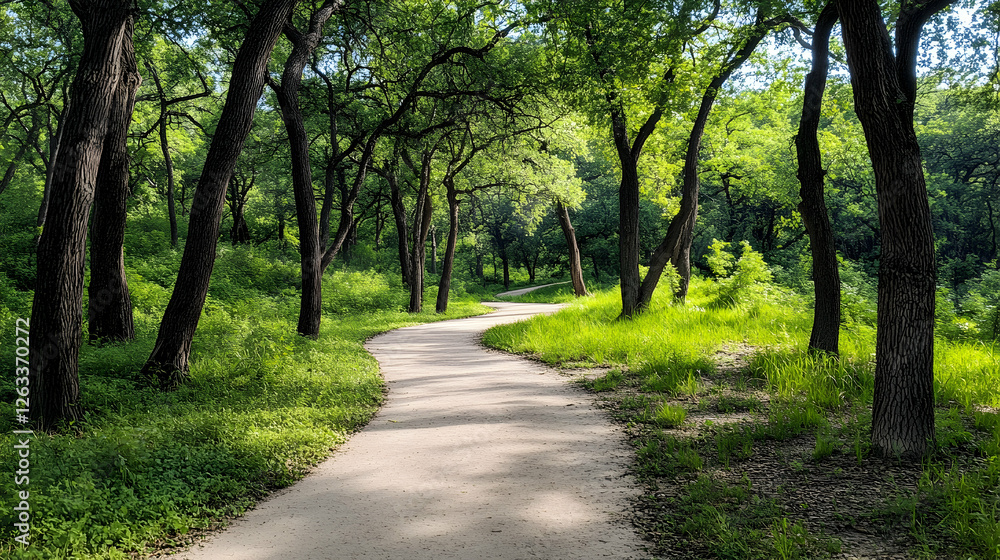 A tree-lined hiking trail winding through a lush green forest, symbolizing adventure and outdoor exploration A tree-lined hiking trail winding through a lush green forest, symbolizing adventure and outdoor exploration