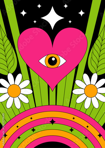 Psychedelic Retro Heart with All-Seeing Eye, Daisies, and Rainbow – Vibrant Pop Art Illustration