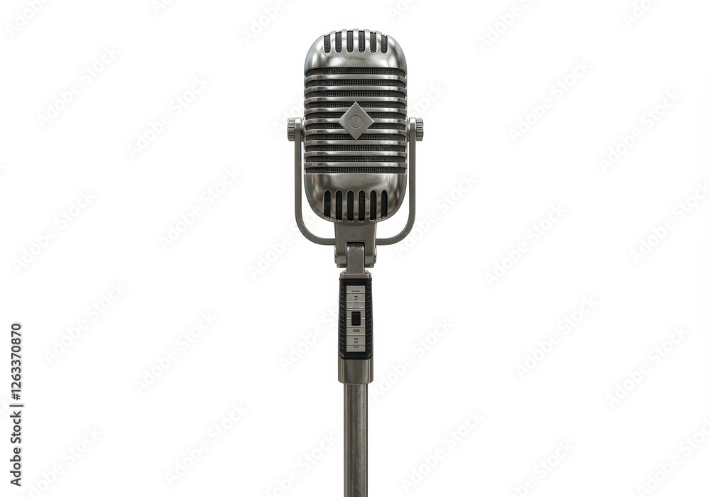 Fototapeta premium A metallic vintage-style microphone on a sturdy stand isolated on a white background