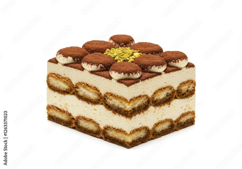 A slice of creamy tiramisu with layers of mascarpone coffee-soaked sponge and cocoa powder isolated on a white background A slice of creamy tiramisu with layers of mascarpone coffee-soaked sponge and cocoa powder isolated on a white background