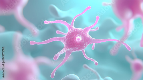 close up, ultra detailed 3D visualization of pink neuron cell, showcasing its intricate structure and connections in soft focus background. This highlights beauty of cellular biology