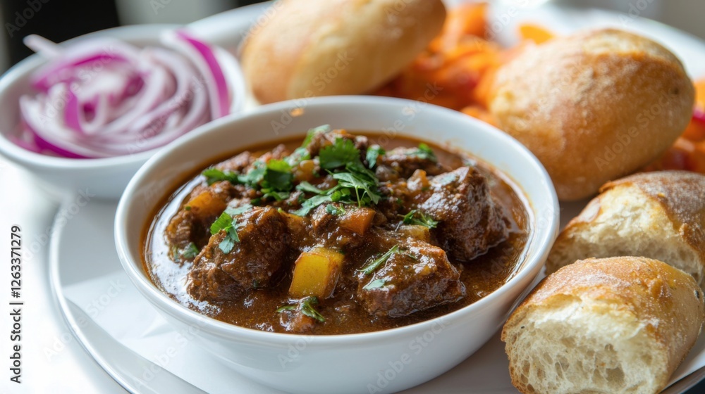 Traditional Guyanese Pepperpot dish, rich slow-cooked beef stew, vibrant colors, cultural cuisine Traditional Guyanese Pepperpot dish, rich slow-cooked beef stew, vibrant colors, cultural cuisine