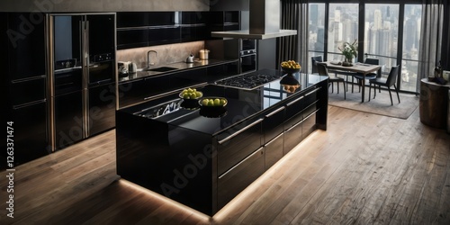 Wallpaper Mural Modern Black Kitchen Island and City View Torontodigital.ca