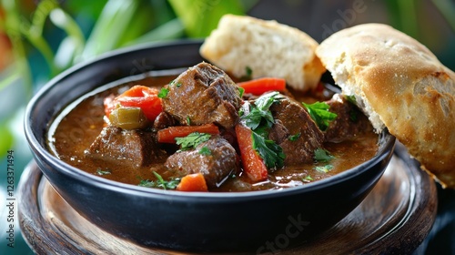 Traditional Guyanese Pepperpot dish, rich slow-cooked beef stew, vibrant colors, cultural cuisine photo