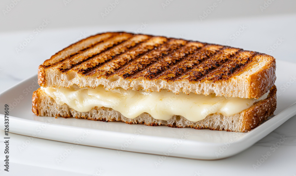 Grilled Cheese Sandwich with Perfectly Golden Brown Toast and Melted Cheese on a White Plate Against a Light Background Grilled Cheese Sandwich with Perfectly Golden Brown Toast and Melted Cheese on a White Plate Against a Light Background