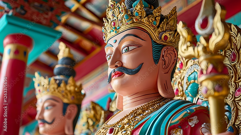 Close-up of Ornate Buddha Statue in Temple, Detailed Carving and Jewel Accents. Close-up of Ornate Buddha Statue in Temple, Detailed Carving and Jewel Accents.