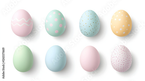 Beautifully decorated Easter eggs in pastel colors, featuring various patterns like polka dots and stripes, perfect for spring celebrations