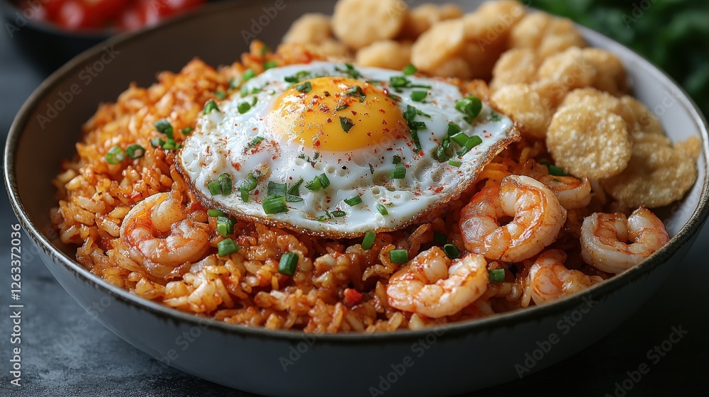 Indonesian nasi goreng served with a fried egg and shrimp crackers at a dining table Indonesian nasi goreng served with a fried egg and shrimp crackers at a dining table