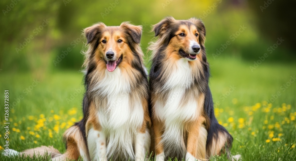 Two collies sitting on green grass with yellow flowers in a sunny park Two collies sitting on green grass with yellow flowers in a sunny park
