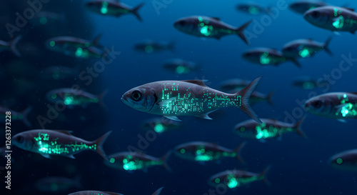 Stunning underwater scene with glowing fish school swimming in deep blue ocean water digital art technology futuristic on transparent background sea