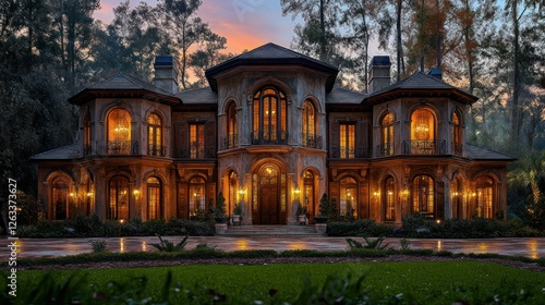 Luxurious Estate Home at Dusk, Forest Background, Exterior View photo