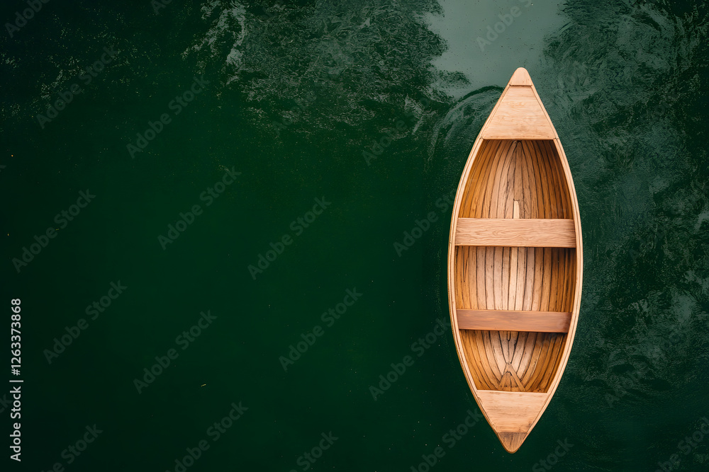 Overhead shot of a simple wooden boat floating peacefully on dark green water. The boat's natural wood tones contrast with the surrounding serene environment. Overhead shot of a simple wooden boat floating peacefully on dark green water. The boat's natural wood tones contrast with the surrounding serene environment.