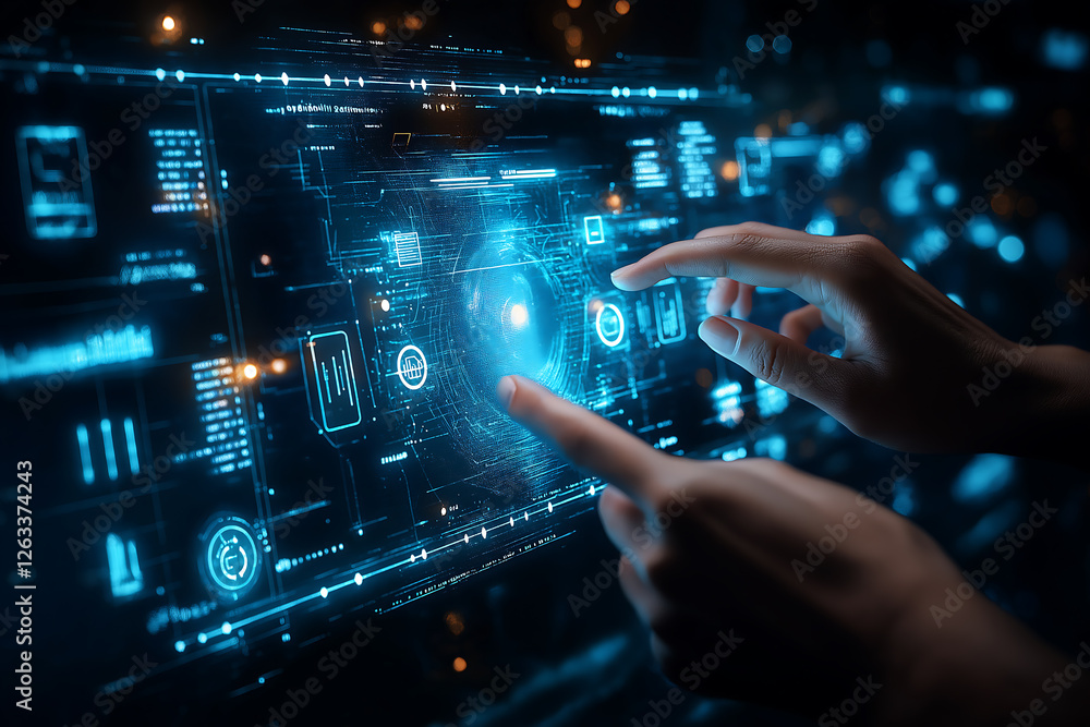 hands interacting with a 3d holographic display screen, generative ai hands interacting with a 3d holographic display screen, generative ai