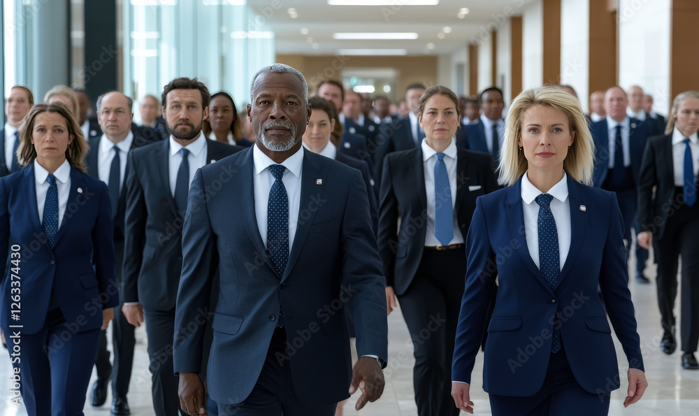 Diverse group of professionals walking confidently in modern corporate building wearing formal attire with expressions of determination and leadership Diverse group of professionals walking confidently in modern corporate building wearing formal attire with expressions of determination and leadership