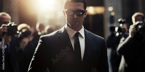 Stoic bodyguard in a black suit and sunglasses standing firm under intense paparazzi flashes, exuding authority and professionalism in a high-security setting. photo