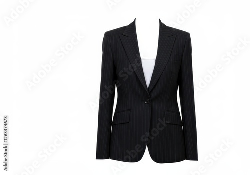 A tailored black pinstriped women blazer with a white shirt underneath isolated on a white background
