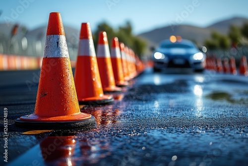 Traffic cones line a wet street at a race course during a sunny day with blurred car in the background creating a dynamic atmosphere