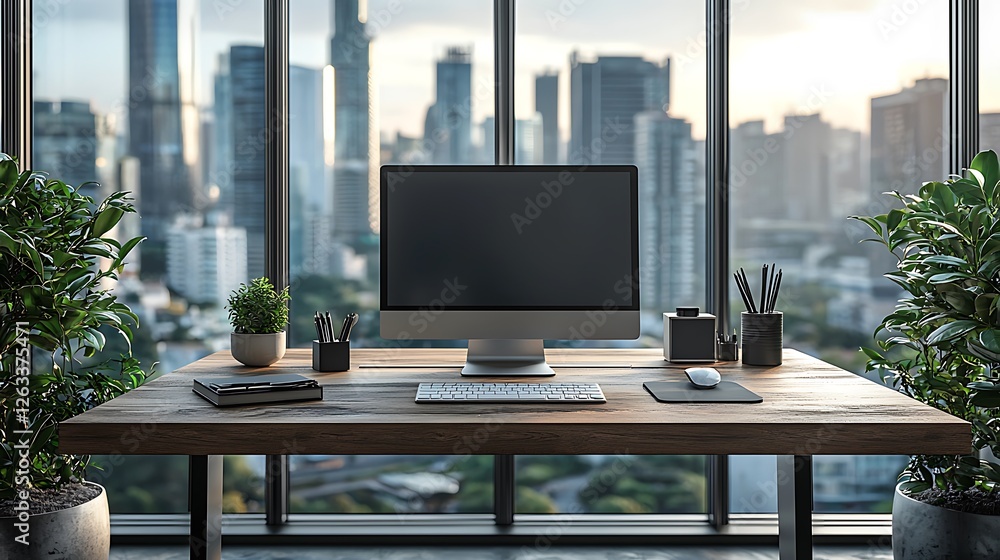 Modern Office Desk with City View and Computer Modern Office Desk with City View and Computer
