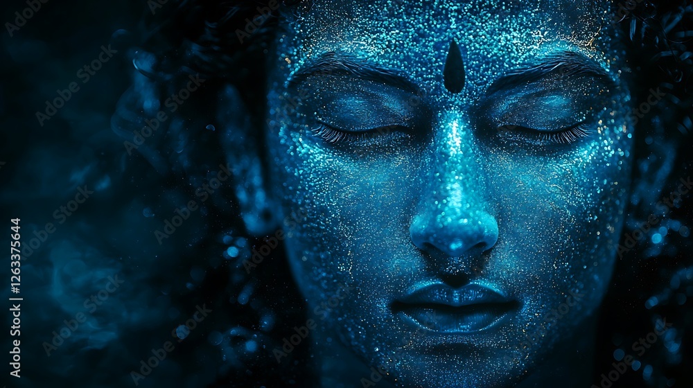 Mystical Blue Glitter Face Close-up Portrait of a Woman with Eyes Closed. Mystical Blue Glitter Face Close-up Portrait of a Woman with Eyes Closed.
