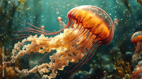Bright red plastic straw pierces jellyfish in murky green underwater landscape