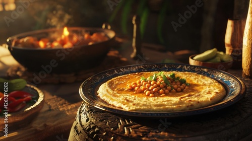 Traditional Ethiopian Shiro Wat, rich chickpea stew with berbere spices, served with injera and vegetables, vibrant colors, cultural cuisine photo