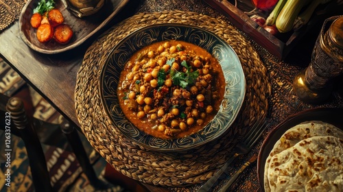 Traditional Ethiopian Shiro Wat, rich chickpea stew with berbere spices, served with injera and vegetables, vibrant colors, cultural cuisine photo