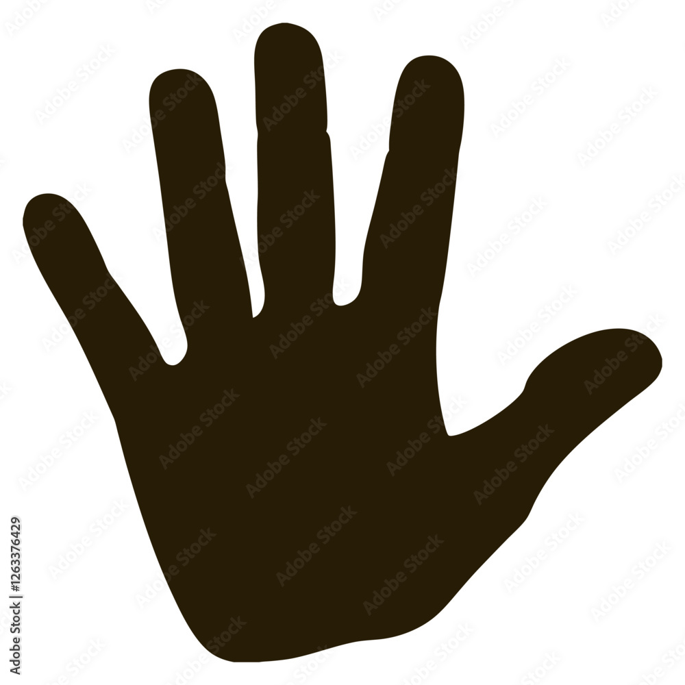 Silhouette of an open human hand displaying palm and five fingers, creating a dark shape against a white background, useful for conveying concepts related to anatomy, gestures, and fingerprints Silhouette of an open human hand displaying palm and five fingers, creating a dark shape against a white background, useful for conveying concepts related to anatomy, gestures, and fingerprints