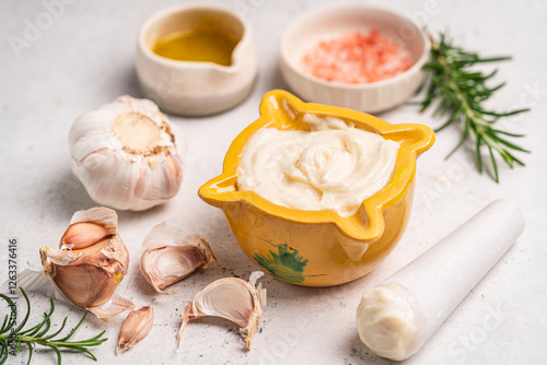 Homemade aioli or allioli garlic sauce