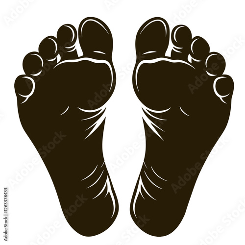 Two bare feet are shown sole side up, creating a striking silhouette against a white background, emphasizing the details of the foot's anatomy