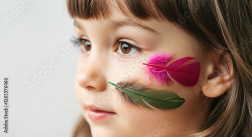 Young caucasian girl with colorful feathers on face, brown eyes, close-up