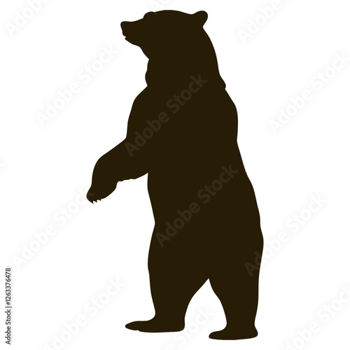 Silhouette of a large brown bear standing on its hind legs, looking up with its front paws raised, isolated on a white background, conveying strength and alertness