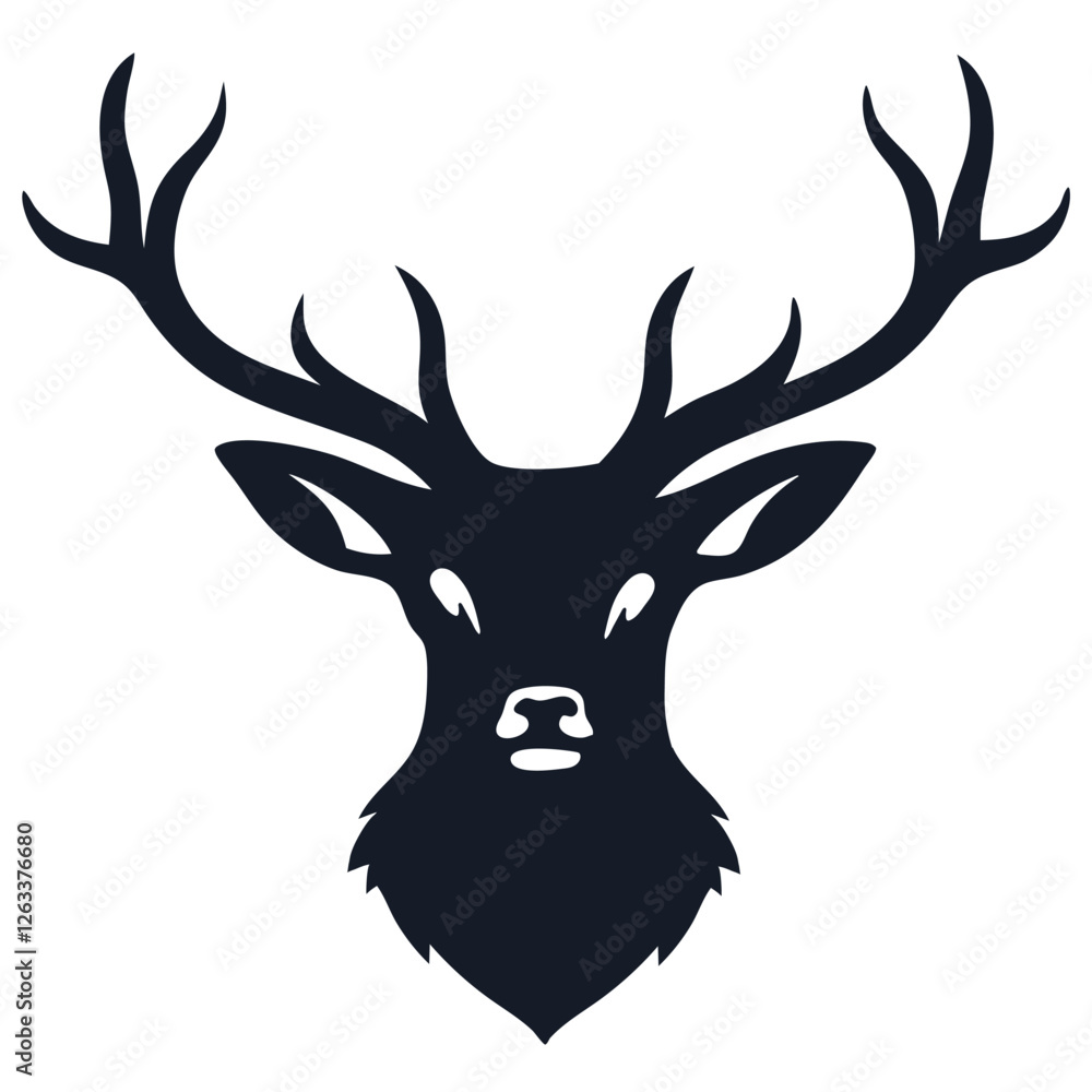 Naklejka premium Dark silhouette of a stag head with large antlers, conveying strength and wilderness, ideal for logos, illustrations, and nature themed designs