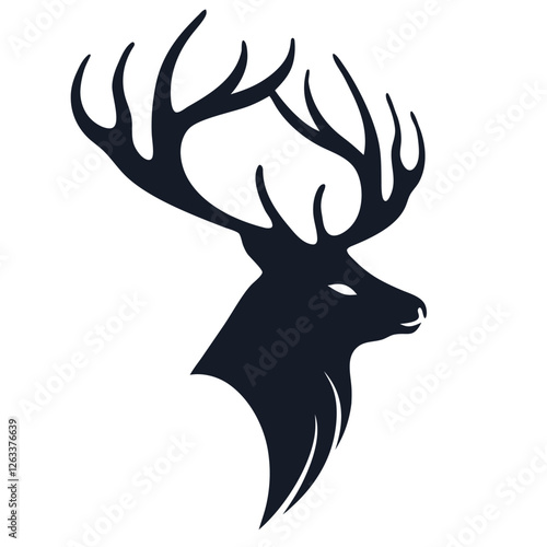 Dark silhouette of a stag head with large antlers looking to the right side in profile view, conveying strength, wildness, and natural beauty
