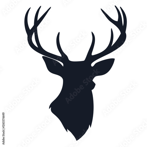 Dark silhouette of a majestic stag head featuring large antlers, isolated against a white background, symbolizing the beauty of wildlife, hunting, and the great outdoors