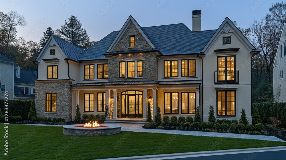 Luxurious home exterior at twilight, fire pit, neighborhood backdrop Luxurious home exterior at twilight, fire pit, neighborhood backdrop